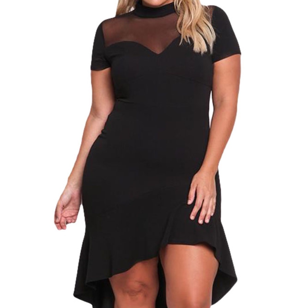 New Plus Size Black Mesh Ruffled Hi-Low  Curvy Dress